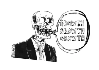 Skeleton dressed in suit says growth growth growth speech bubble by Matt Hollings