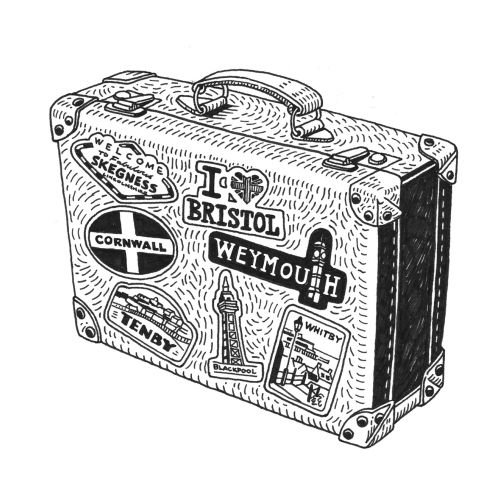 Ink illustration of a vintage suitcase with travel stickers by Matt Hollings