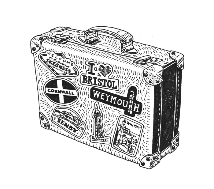 Ink illustration of a vintage suitcase with travel stickers by Matt Hollings