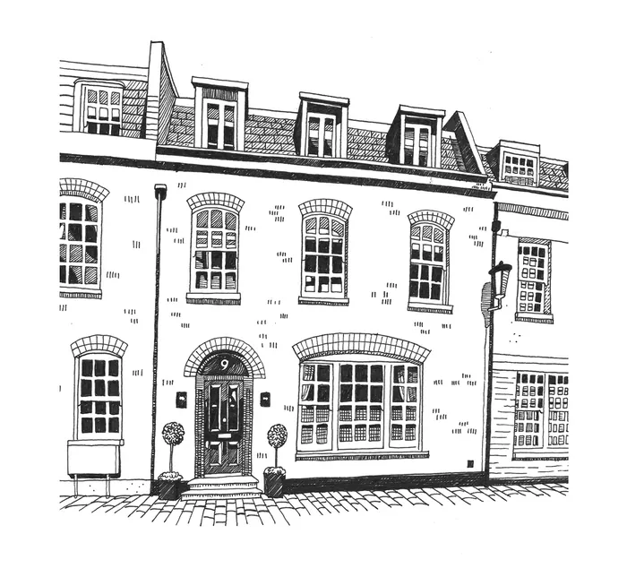 Black and white illustration of a historic building by Matt Hollings