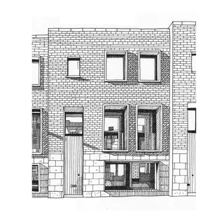 Black and white detailed brick building facade illustration by Matt Hollings