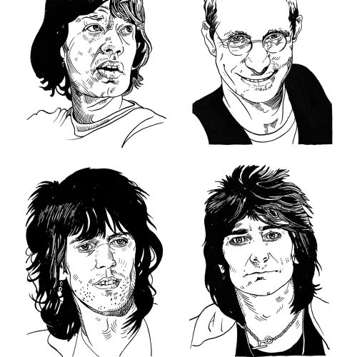 Black and white detailed portraits of four men by Matt Hollings