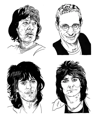 Black and white detailed portraits of four men by Matt Hollings