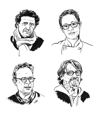 Line art portraits of four men with different hairstyles and glasses