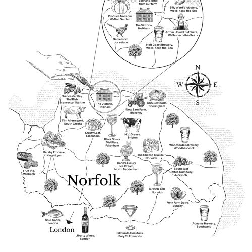 Map of Norfolk highlighting local foods and drinks with illustrations