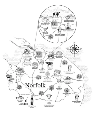Map of Norfolk highlighting local foods and drinks with illustrations