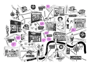 Illustrated map of London neighborhoods with music and cultural icons
