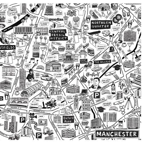 Illustrated black and white map of Manchester showing neighborhoods and landmarks.