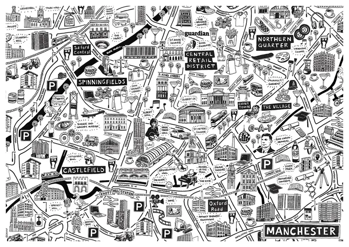 Illustrated black and white map of Manchester showing neighborhoods and landmarks.