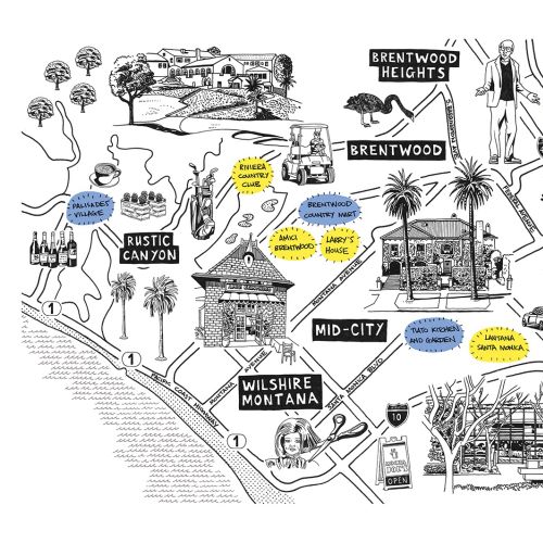 Illustrated map showing Brentwood Heights, Brentwood, Mid-City, Rustic Canyon neighborhoods