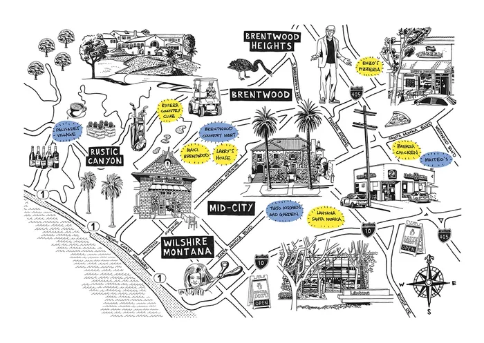 Illustrated map showing Brentwood Heights, Brentwood, Mid-City, Rustic Canyon neighborhoods