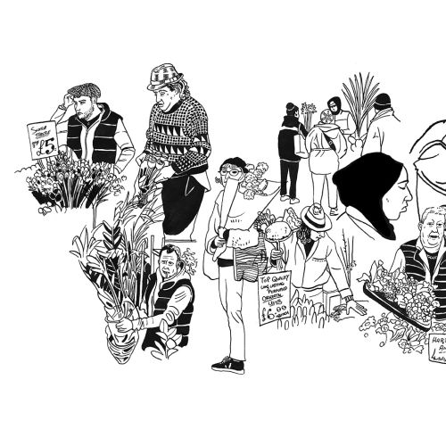 People browsing and buying plants and produce at a market illustrated in black and white.