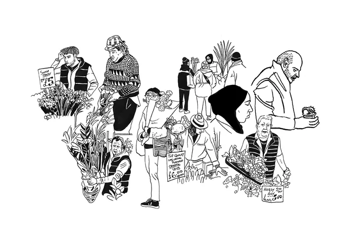 People browsing and buying plants and produce at a market illustrated in black and white.