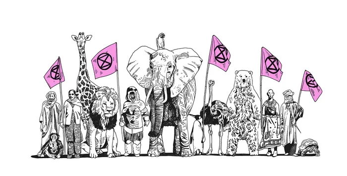 Group of various animals and people holding Extinction Rebellion flags