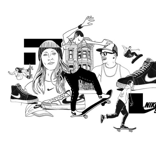 Black and white illustration of skateboarders and Nike SB sneakers