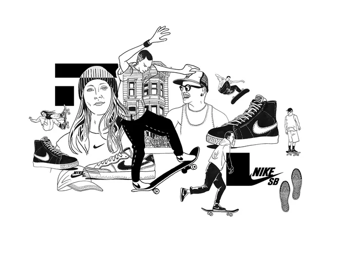 Black and white illustration of skateboarders and Nike SB sneakers