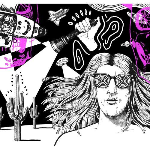 Surreal artwork showing space shuttle, cacti, and person with spiral glasses in black and white.