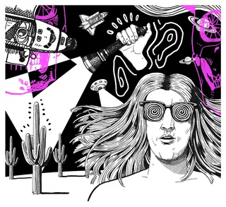 Surreal artwork showing space shuttle, cacti, and person with spiral glasses in black and white.