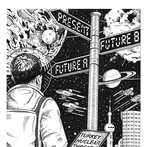 Person with newspaper on Turkey nuclear threat looking at futuristic city and space.