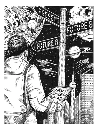 Person with newspaper on Turkey nuclear threat looking at futuristic city and space.