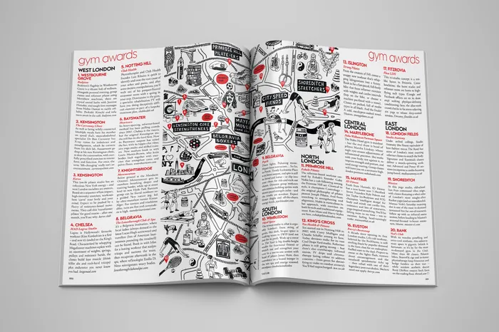 Magazine spread showing gym awards and fitness illustrations in black and red