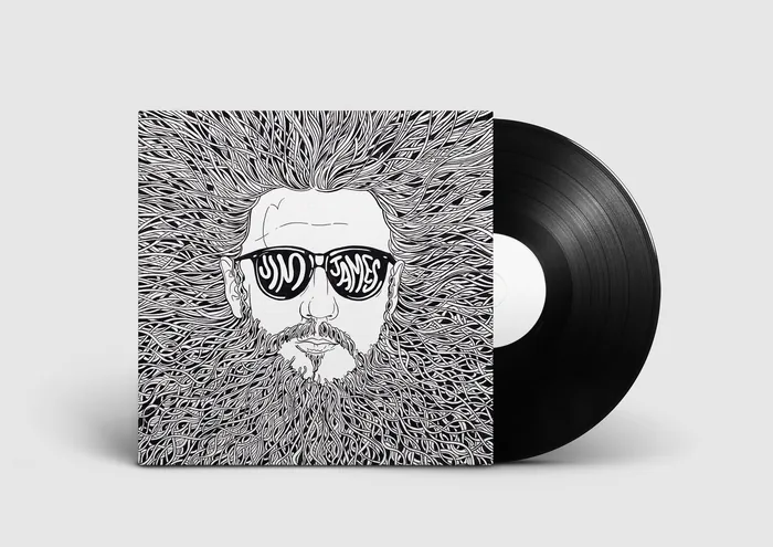 Vinyl record and cover with bearded man wearing reflective sunglasses illustration