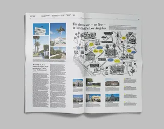 Open newspaper with Los Angeles map and travel photos