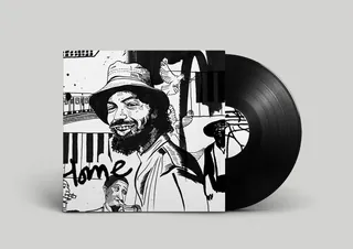 Black and white portrait of a man and vinyl record on album cover