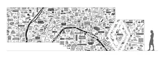 Black and white illustrated city map with roads and landmarks