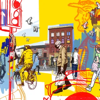 Urban street scene with cyclist and pedestrians by Matt Hollings In Colour