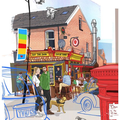 Street scene with people and pigeons outside a corner shop by Matt Hollings