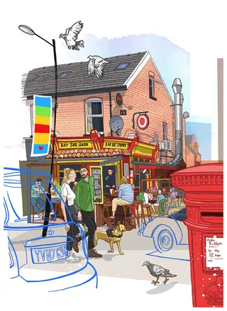 Street scene with people and pigeons outside a corner shop by Matt Hollings
