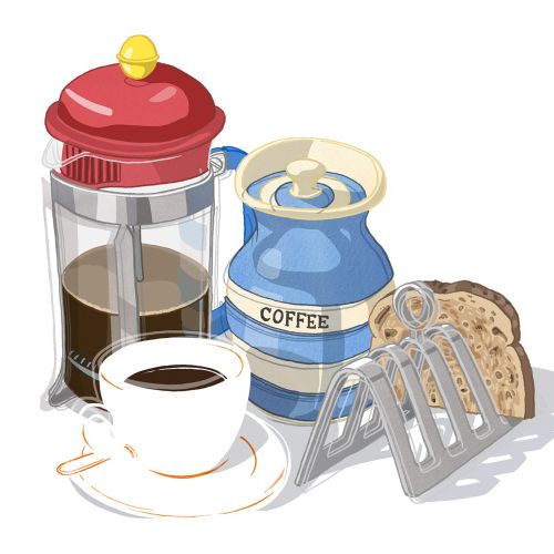 Coffee setup with French press, cup, coffee canister, and toast rack by Matt Hollings