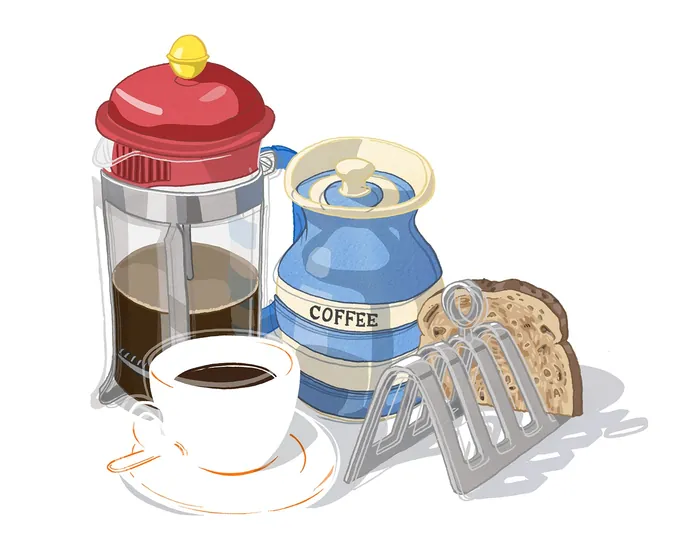Coffee setup with French press, cup, coffee canister, and toast rack by Matt Hollings