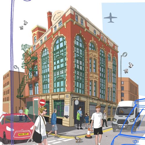 Urban street scene with people, cars, and airplane by Matt Hollings