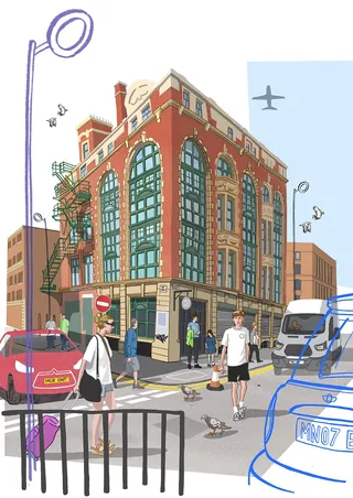Urban street scene with people, cars, and airplane by Matt Hollings