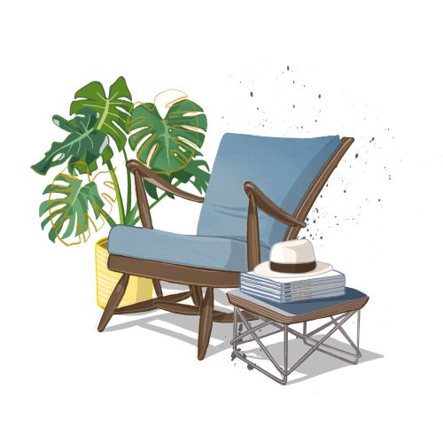 Blue armchair with books and hat on table, green potted plant in background by Matt Hollings