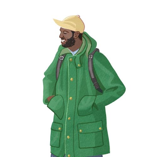 Man walking wearing green coat and yellow cap illustration by Matt Hollings