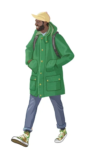 Man walking wearing green coat and yellow cap illustration by Matt Hollings