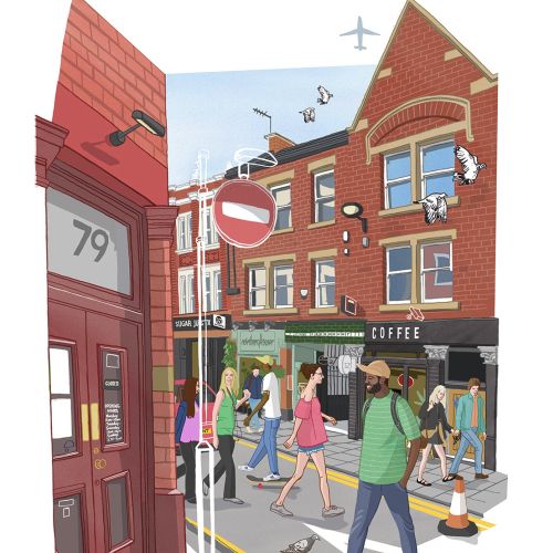 City street scene with people walking past coffee shop by Matt Hollings