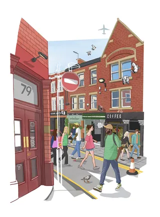 City street scene with people walking past coffee shop by Matt Hollings