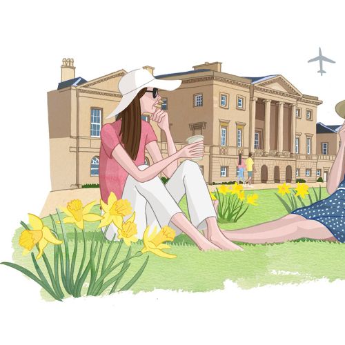 Illustration of two women outdoors with drinks by flowers and buildings by Matt Hollings