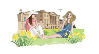 Illustration of two women outdoors with drinks by flowers and buildings by Matt Hollings