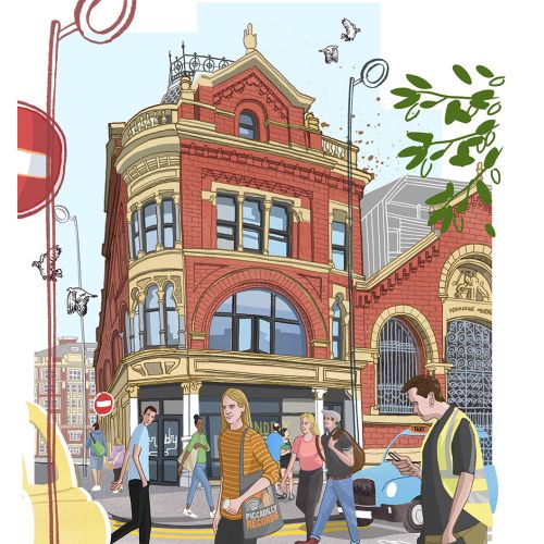 City pedestrians crossing street near historic red brick building, illustration by Matt Hollings In 