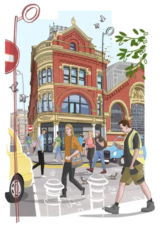 City pedestrians crossing street near historic red brick building, illustration by Matt Hollings In 