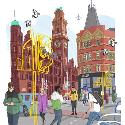 City street with pedestrians, pigeons, and clock tower by Matt Hollings In Colour