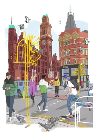 City street with pedestrians, pigeons, and clock tower by Matt Hollings In Colour
