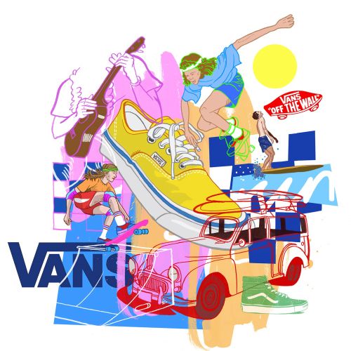 Vans skateboarding collage with retro bus and guitar by Matt Hollings In Colour