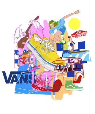 Vans skateboarding collage with retro bus and guitar by Matt Hollings In Colour