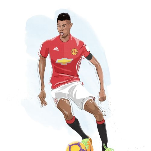 Manchester United soccer player in red jersey with ball by Matt Hollings In Colour